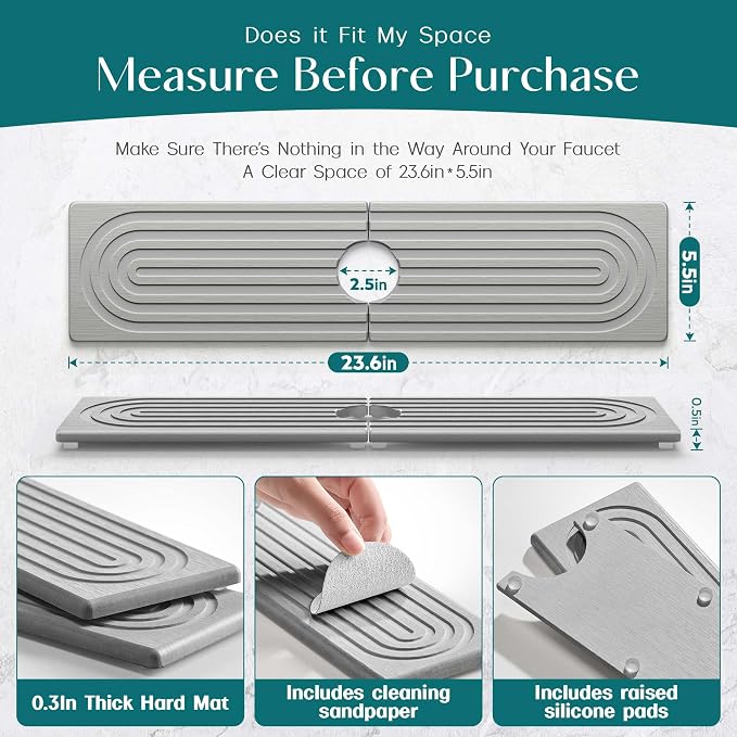 eormoe Kitchen Faucet Absorbent Mat - Large Diatomaceous Earth Splash Guard for Sink Faucet, Aesthetic Water Absorbing Stone Tray in The Modern Home (Grey, 23.6" x 5.5")
