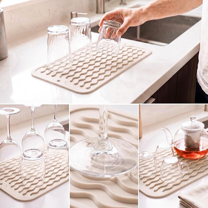 MicoYang Silicone Dish Drying Mat for Multiple Usage,Easy clean,Eco-friendly,Heat-resistant Silicone Mat for Kitchen Counter or Sink,Refrigerator or Drawer Liner Tapioca S 12 inches x 6 inches