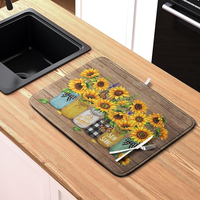 Sunflower Dish Drying Mat for Kitchen 16x18 Inch Counter Rustic Vintage Floral Vases Wood Grain Drying Mats Microfiber Absorbent Dishes Drying Pad Spring Summer Flowers Dish Drainer Rack Mat