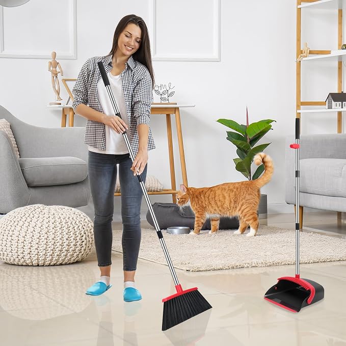 NACENA Broom and Dustpan Set, 52-in Long Adjustable Handle Broom Dustpan Combo with Dustpan Teeth to Automatically Clean Hair Suitable for Home Kitchen Office Hall Floor（Black&Red）