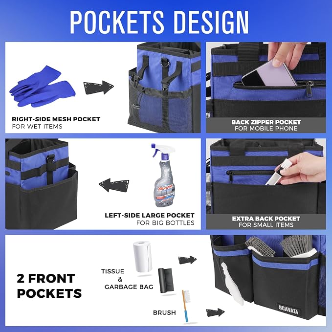 SCAVATA Compact Wearable Cleaning Caddy with Handle & Shoulder Straps | Small Cleaning Supplies Organizer, Under Sink & Car Cleaning Tools Storage Bag for Housekeepers Cleaners, Blue
