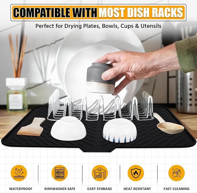 Luxet Silicone Dish Drying Mat with Built-in Drain Lip - Hygienic Drying Pad - Sturdy Compact Easy to Clean Tray Protects Surfaces Prevents Water Build Up - 23 X 17 (Black)