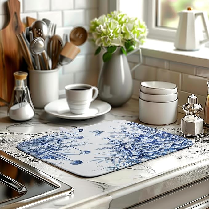 Christmas Tree Dish Drying Mat for Kitchen Counter 16x18 Inch Blue White Chinoiserie Winter Xmas Holiday Drying Mats Microfiber Absorbent Dish Draining Reusable Dish Drainer Pad