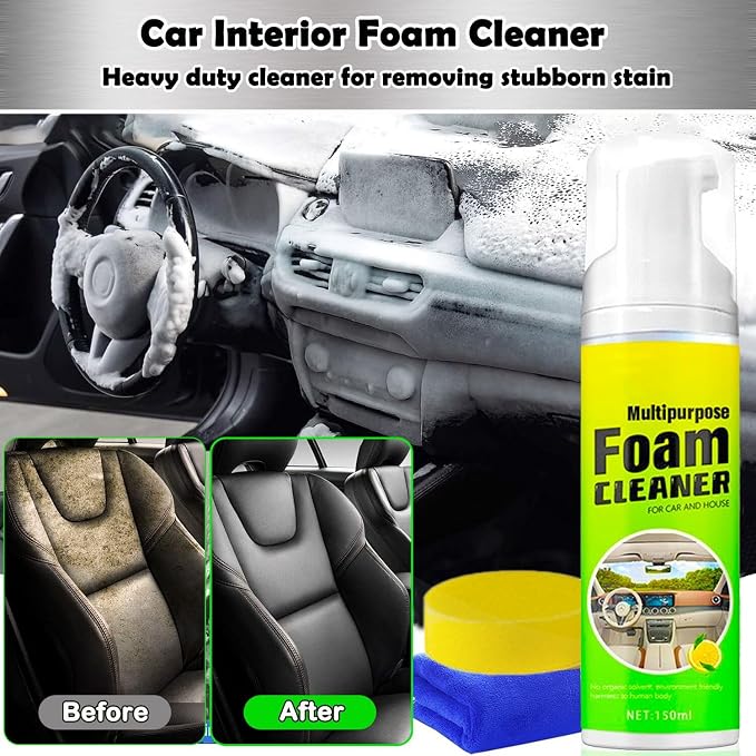 Car Interior Cleaner Foam - Car Dashboard, Seat, Carpet, Upholstery Cleaner, Auto Interior Detailing Spray Leather Vinyl Plastic Cleaner - Remove Stain & Grime & Grease - 150ml