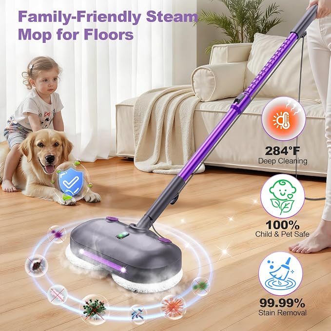 Scrub & Steam Mop with Rotating Mop Pads, Scrubbing and Sanitizing Floor Cleaner, XL Water Tank, 23FT Cord, LED Headlights, Reusable Pads & Self-Standing for Hard Floor/Laminate/Marble