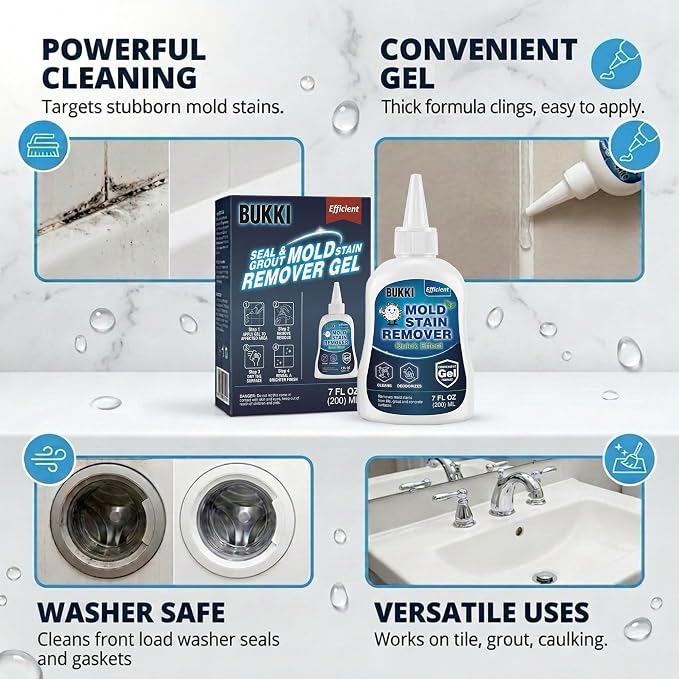 BUKKI Professional Mold Stain Remover Gel (7 FL OZ, Pack of 2), Heavy Duty Thick Gel for Shower Grout, Front Load Washer Seals, Caulking, Bathrooms, Sinks and Tile