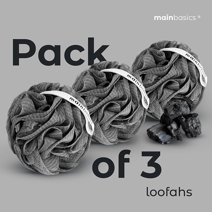 MainBasics Shower Loofah Sponge Pouf, Set of 3, Charcoal Infused | Soft Mesh Body Scrubber and Bath Sponge for Gentle Exfoliation, Rich Lather, and Everyday Shower Use