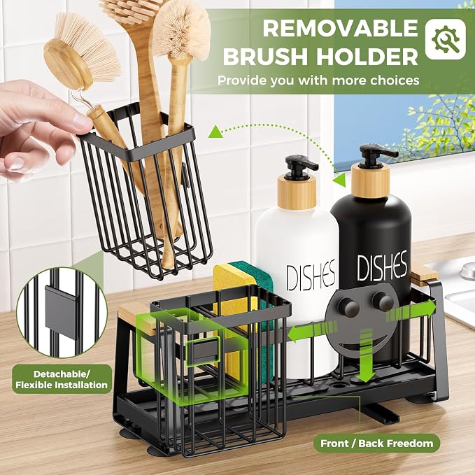 Sponge Holder for Kitchen Sink, Sink Caddy Organizer with Dish Brush Holder, Sink Organizer Rack with Suction Cups, Smiley Face Sponge Caddy Self Drain for Soap Dispenser Storage Accessories
