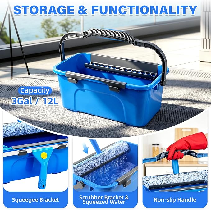 Window Cleaning Kit with 3 Gal Bucket - 14'' Window Squeegee&15'' Scrubber&76'' Long Handle Window Cleaner Tool, Professional Windows Washing Equipment for Home, Commercial Use, Outdoor, Car