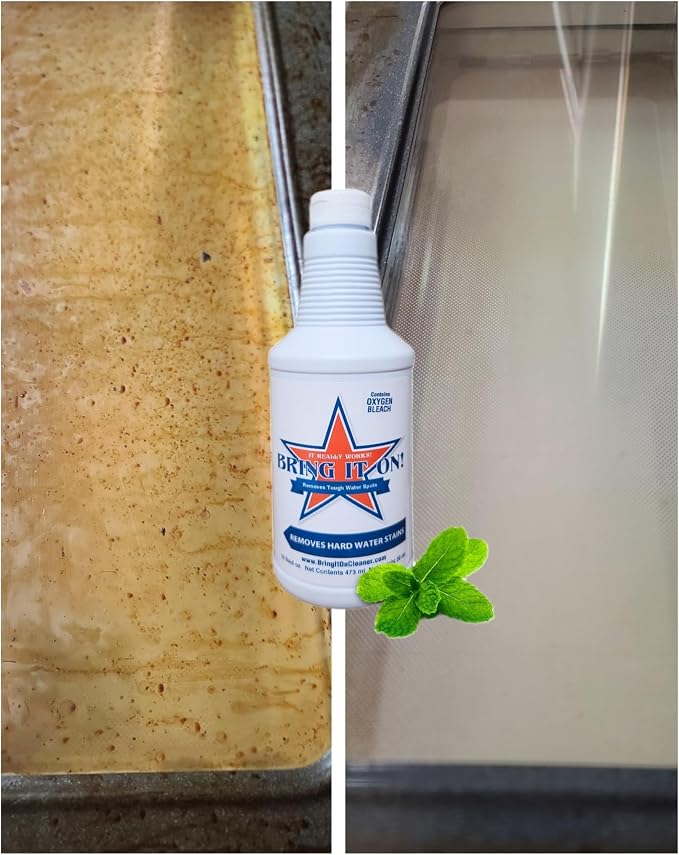 Bring It On Cleaner Hard Water Stain Remover 16 oz | Glass, Soap Scum Remover for Shower Glass, Fiberglass, Windows, Tile and Grout Cleaner, and Includes Scrubbing Drill Pads
