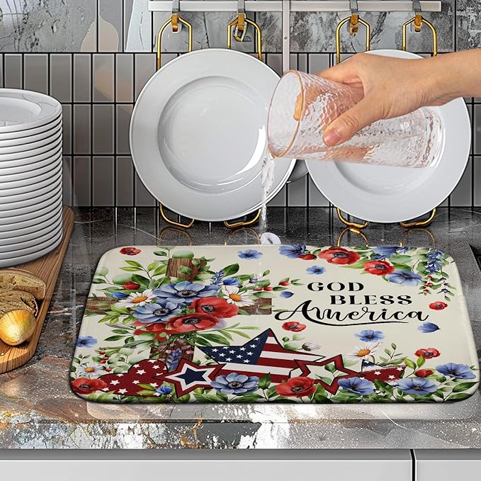 4th of July Drying Mat for Kitchen Counter Patriotic Floral Cross Stars Dish Drying Pad Independence Day Absorbent Microfiber Washable Dish Draining Mat Extra Large 16"x18"