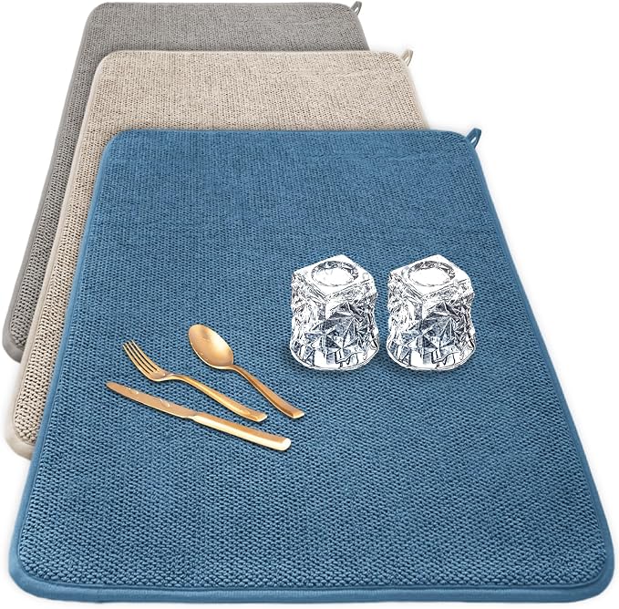 3 Pack XXL Dish Drying Mats,24×17" Absorbent Microfiber Dishes Drainer Mats,Large Size Pads for Kitchen Counter,Coffee,Rack,Under Sink(Beige,Blue,Gray)