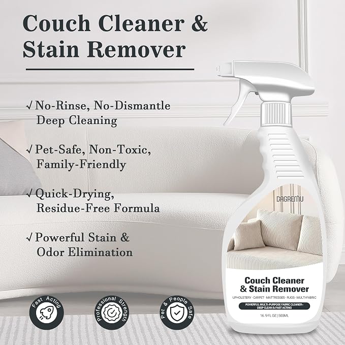 Couch Cleaner Stain Remover Spray - Multi-Surface Fabric Upholstery Cleaner | Pet Safe, Non Toxic, Quick Drying. Professional Strength for Sofa, Couch and Carpet - Includes Brush and Towel (2 Pack)