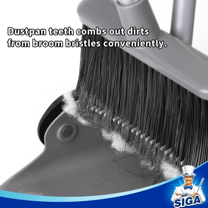 MR.SIGA Broom and Dustpan Set with Adjustable Long Handle, Gray | Stand upright broom with dustpan combo for home, office and garage easy sweeping and storage. 51.7"(131 cm) broom handle