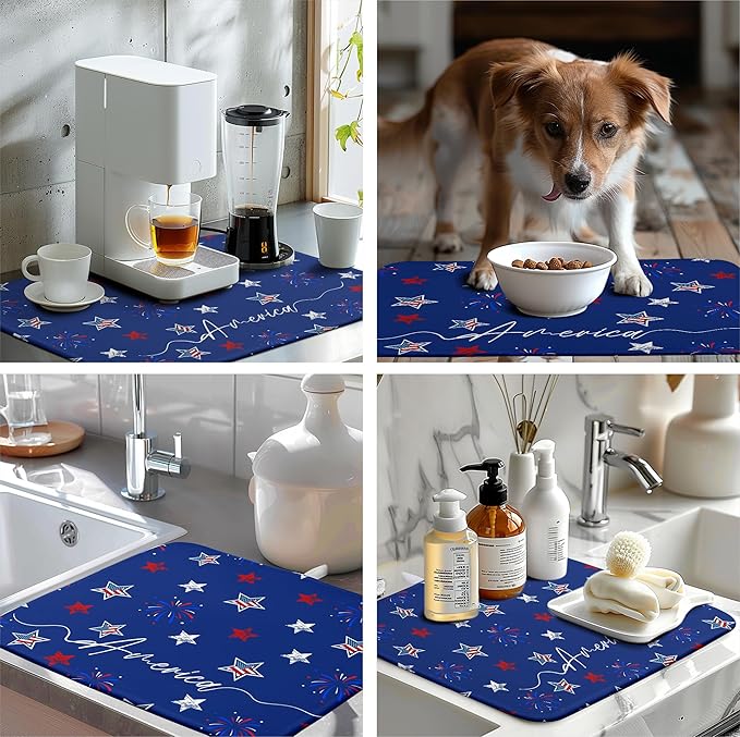 4th of July Dish Drying Mat America Stars Fireworks Blue Drying Mat 18x24 Inch Patriotic Memorial Independence Day Microfiber Absorbent Dish Drainer Rack Mats for Kitchen Counter