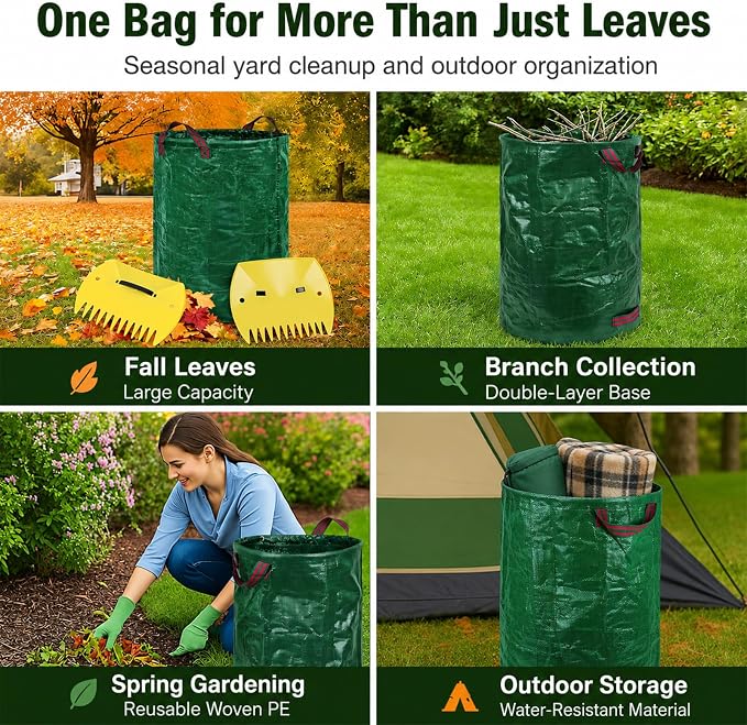 Leaf Scoops Hand Rakes, Leaf Claws & Leaf Grabbers for Yard Work with 72-Gallon Reusable Leaf Bag, 2 Pairs Adult Garden Gloves & Soft Handle Covers, Yard Cleanup Kit for Leaves