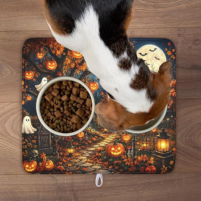 Halloween Dish Drying Mat for Kitchen Counter Seasonal Holiday Fall Spooky Pumpkin Ghost Microfiber Dish Drainer Mat Vintage Rustic Absorbent Washable Drying Pad 16"x18"