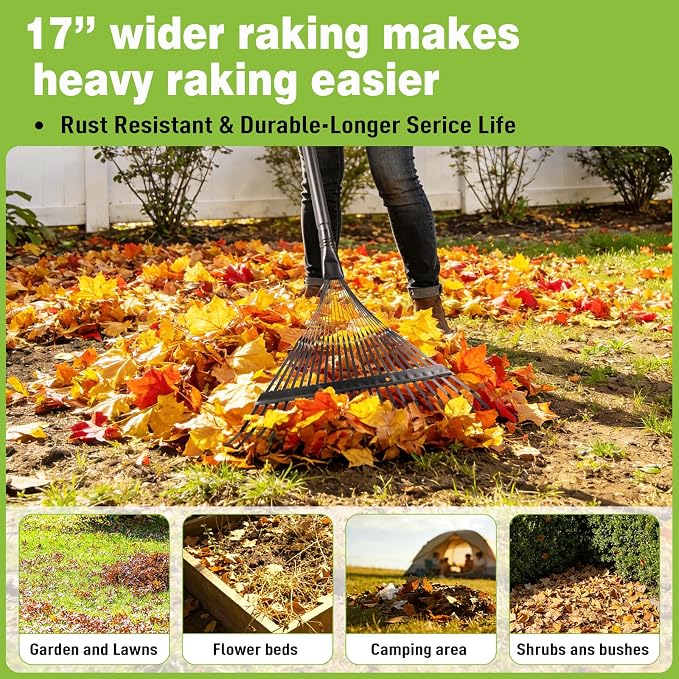 Altdorff Garden Leaf rake, 6FT Rake for Lawns Lightweight 22 Metal Tines 16.3 inch Wide, Adjustable Steel Handle, Rakes for Leaves, Gathering Shrub, Grass, Weeds, Debris,Yard