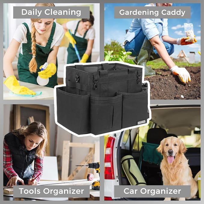 SCAVATA Compact Wearable Cleaning Caddy with Handle & Shoulder Straps | Small Cleaning Supplies Organizer, Under Sink & Car Cleaning Tools Storage Bag for Housekeepers Cleaners, Black