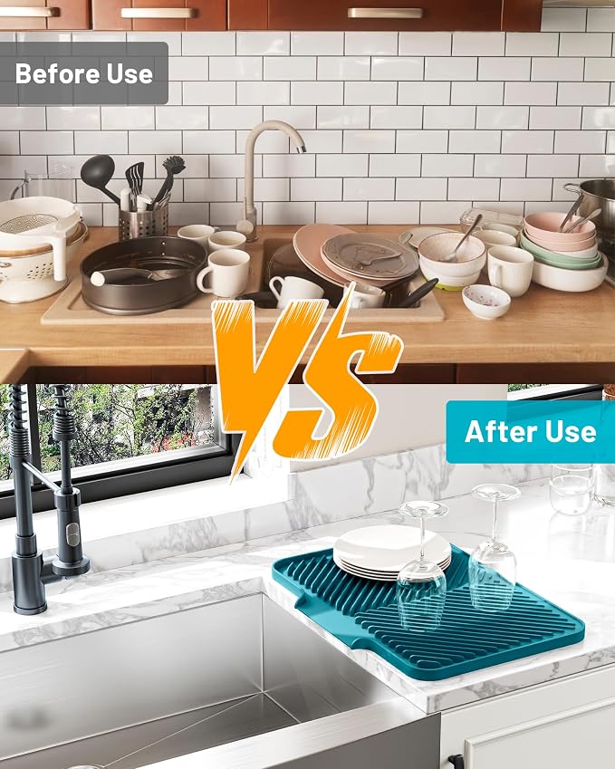 Dish Drying Mat Kitchen Counter - Silicone Dish Drying Pad with Built-in Drain for Sink, Refrigerator and Drawer liner, Easy Clean, Non-Slip, Heat Resistant, 14.8" x 10.7"