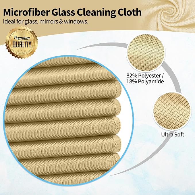 Microfiber Cleaning Cloth - 6 Pack Glasses Cleaning Cloth, 16" x 14" Window Cleaning Rags, Streak Free Lint Free Polishing Cloths Wipes for Eye Glass, Stainless Steel, Windshield, Beige