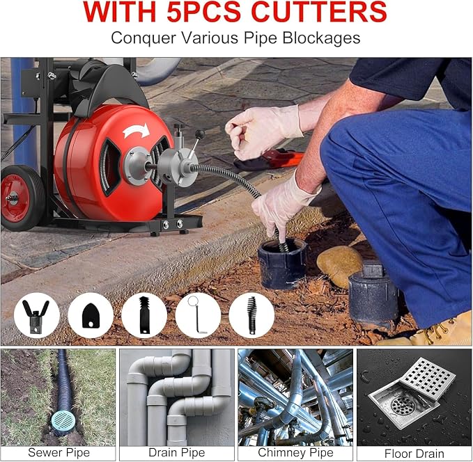 100Ft 3/4 Inch Drain Cleaning Machine. Sewer Snake 750w Auto Feed with 6 Cutter, Portable Drain Cleaning Machine Electric Drain Auger Sewer Auger Air-Activated Foot Switch for 4" to 8" Pipes