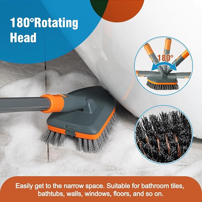 CLEANHOME Floor Scrub Brush Tile Tub Scrubber Brush | 4 Different Cleaning Heads, Shower Brush, 56" Extendable Long Handle, For Kitchen, Bathroom, Tub, Tile, Wall