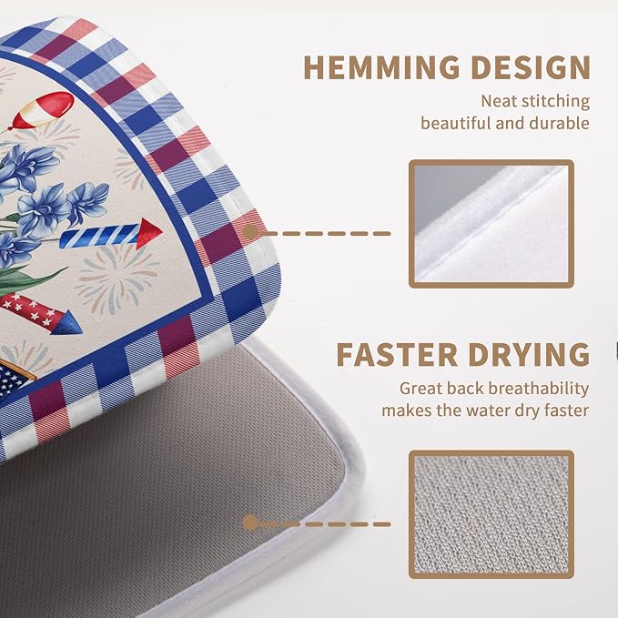 Patriotic Floral Dish Drying Mats 4th of July Flowers Dish Mat Blue Red Firework Drying Matt Dishes Dryer Pad for Kitchen Counter Absorbent Microfiber Washable Foldable Reusable 18x24 in