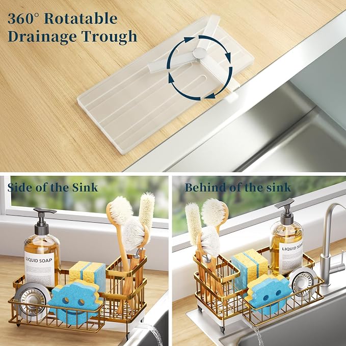 Consumest Sponge Holder for Kitchen Sink - Auto Draining Sink Caddy Organizer with Detachable Rack, High Brush Holder, Kitchen Countertop Storage Accessories, Gold