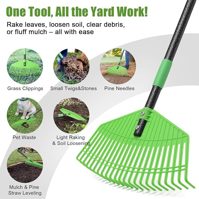 Lightweight Plastic Leaf Rake for Lawns - 16.5'' Wide Garden Rake for Leaves,Gentle on Lawn,50'' Adjustable for Women Seniors Kids,Outdoor Yard Rakes for Sweep Leaves,Grass, Pine Needle
