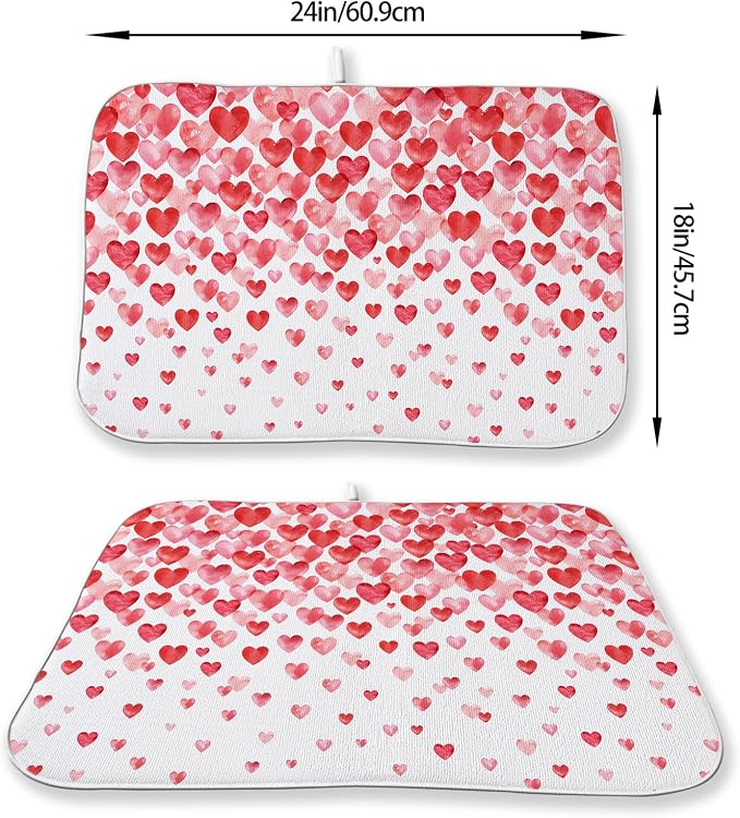 Valentines Dish Drying Mat 18x24 Inch Watercolor Red Pink Love Hearts Drying Mat Anniversary Day Holiday Absorbent Dish Drying Pad Dish Rack Drainer Mats for Kitchen Dining Counter