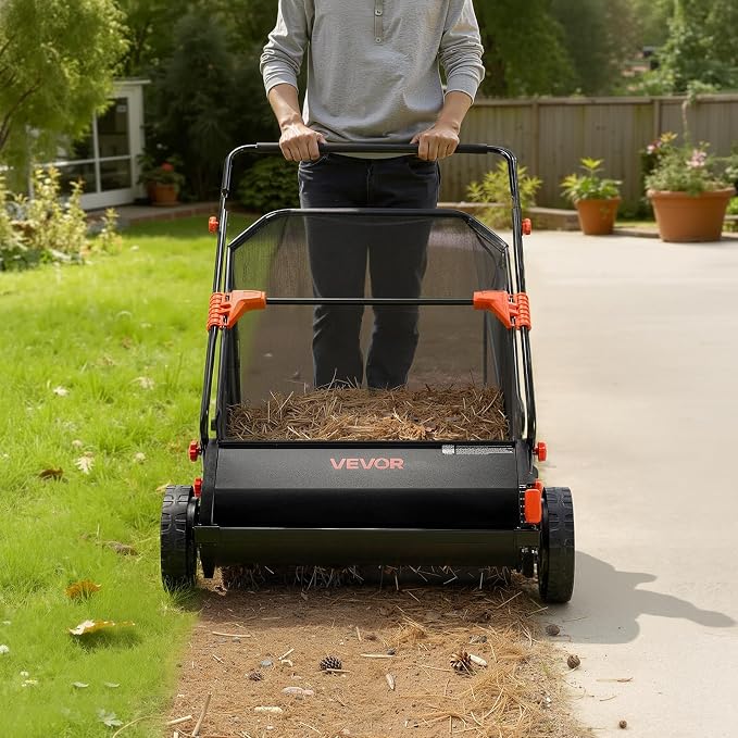 VEVOR Push Lawn Sweeper 30 in Leaf & Grass Collector 12 cu. ft. Hopper Bag | Heavy Duty Yard Sweeper with Adjustable Brush Height, Spinning Brushes, Rubber Wheels for Leaves Grass Cleanup, Black/Orange