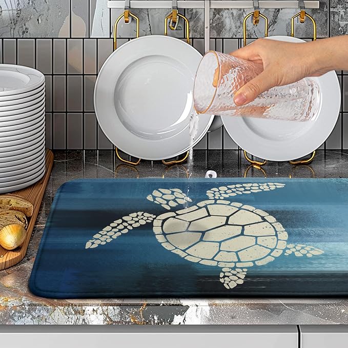 Sea Turtle Dish Drying Mats for Kitchen Counter 18x24 Inch Summer Ocean Animal Microfiber Absorbent Dish Drainer Rack Mats Navy Blue Large Dish Pad with Hanging Loop