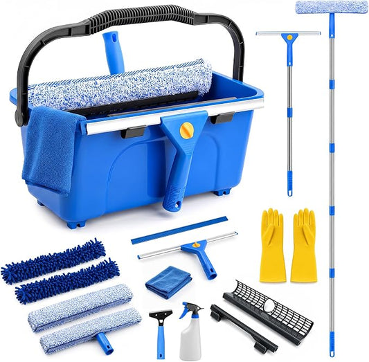 Window Cleaning Kit with 3 Gal Cleaning Bucket, Professional 14" Window Squeegee & 15" Window Scrubber with 78" Extension Pole, 18 PCS Glass Cleaning Tool Set for Home, Outdoor Car Window Cleaner