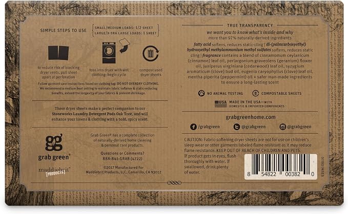 Grab Green Stoneworks Dryer Sheets, 80 Count, Oak Tree, Compostable | Softens fabrics; Reduces Static; Cruelty-free; Plant & Mineral Based; No Harsh Chemicals