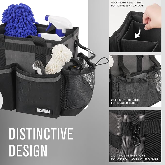 SCAVATA Compact Wearable Cleaning Caddy with Handle & Shoulder Straps | Small Cleaning Supplies Organizer, Under Sink & Car Cleaning Tools Storage Bag for Housekeepers Cleaners, DarkGrey