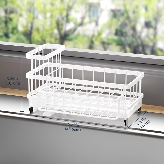 Consumest Sponge Holder for Kitchen Sink - Auto Draining Sink Caddy Organizer with Detachable Rack, High Brush Holder, Kitchen Countertop Storage Accessories, White