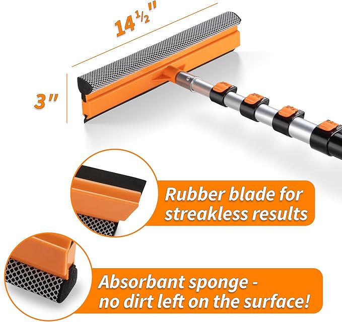 5-24 ft Window Washer Squeegee Kit with Extension Pole (30+ Foot Reach) | Long Handle Squeegee for Window Cleaning & Car Cleaning // Multi Use Professional Window Cleaning Squeegee for Home