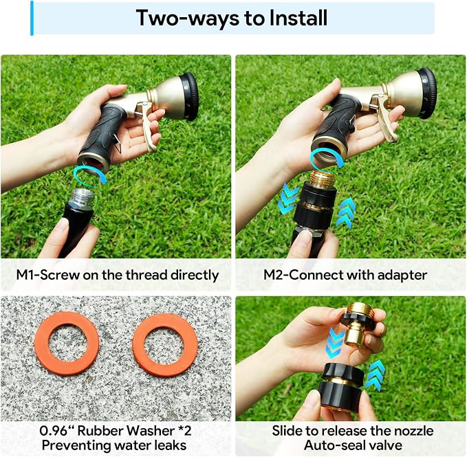Heavy Duty Hose Nozzle, 9-IN-1 Spray Patterns, Spray Nozzles for Garden Hose with Metal Trigger & Lock Bar, 3/4" Thread & Connection Adapter, Suit for Watering Plants, Lawn, Car, Outdoor Pet
