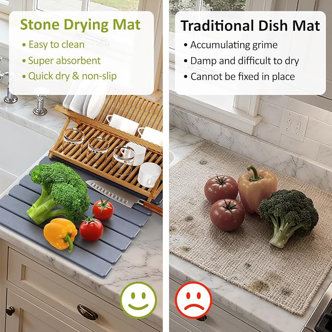Large Stone Dish Drying Mat for Kitchen Counter, 24"(L)×16"(W), Collapsible Quick Dry Stone Dish Mats, Super Absorbent Diatomaceous Earth Drying Pad for Dishes Bottles Cups, Countertops (Black Grey)