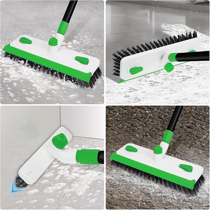 Floor Scrub Brush with Long Handle, 3-in-1 Scrape Scrubber Brush with Squeegee Stiff Bristle Deck Brush for Cleaning Tile Bathroom Patio Deck Garage Grout Kitchen