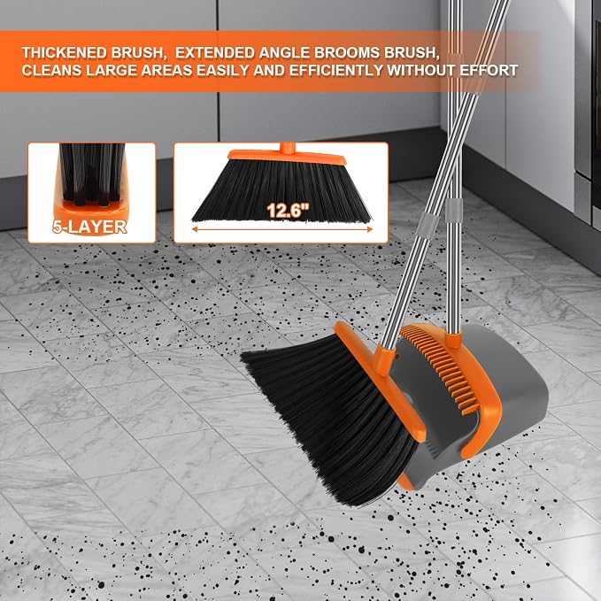 Broom and Dustpan Combo Set, 55" Long Handle Broom Orange | Large Area Outdoor Cleaning, Extended Reach Design, Built-in Comb Dustpan, Foldable Storage for Garage, Patio & Home