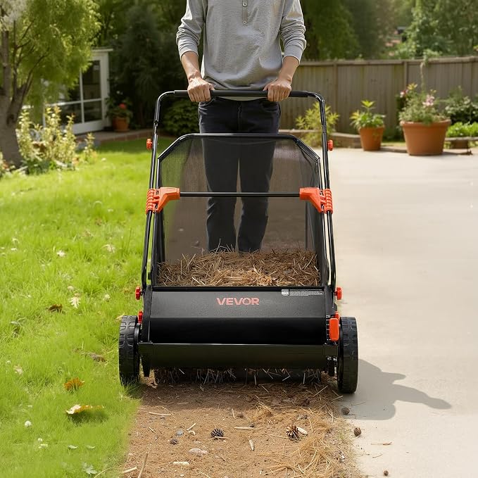 VEVOR Push Lawn Sweeper 26 in Leaf & Grass Collector 7 cu. ft. Hopper Bag | Heavy Duty Yard Sweeper with Adjustable Brush Height, Spinning Brushes, Rubber Wheels for Leaves Grass Cleanup, Black/Orange