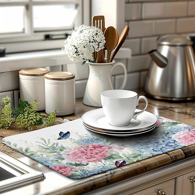 Spring Flowers Dish Drying Mat for Kitchen Counter Blue Pink Hydrangea Floral Drying Mats Absorbent Reversible Microfiber Dish Draining Mat Reusable Washable Dishes Pad Extra Large 18"x24"