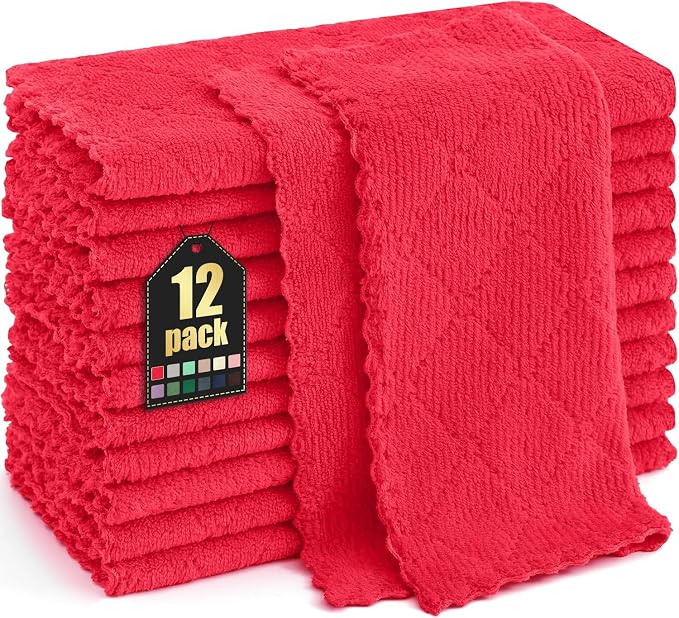 Homaxy 12 Pack Kitchen Dish Cloths (10 x 10 Inches, Red), Super Soft and Absorbent Coral Velvet Dish Towels, Nonstick Oil Fast Drying Microfiber Cleaning Cloth, No Lint Household Dishcloths