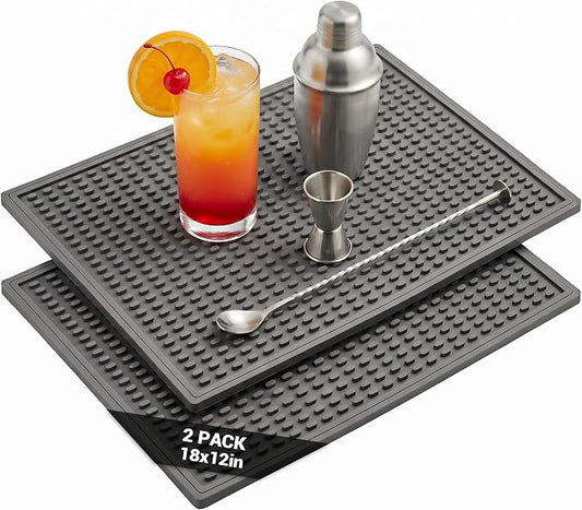 Rubber Bar Mat for Counter, Grey 2 Pack 12"x18" grip-friendly Coffee Bar Mat, Heat Resistant & Spill-proof Countertop Protector Mat for Kitchen, Home Bar, Coffee Station, Easy Clean Dish Drying Mat