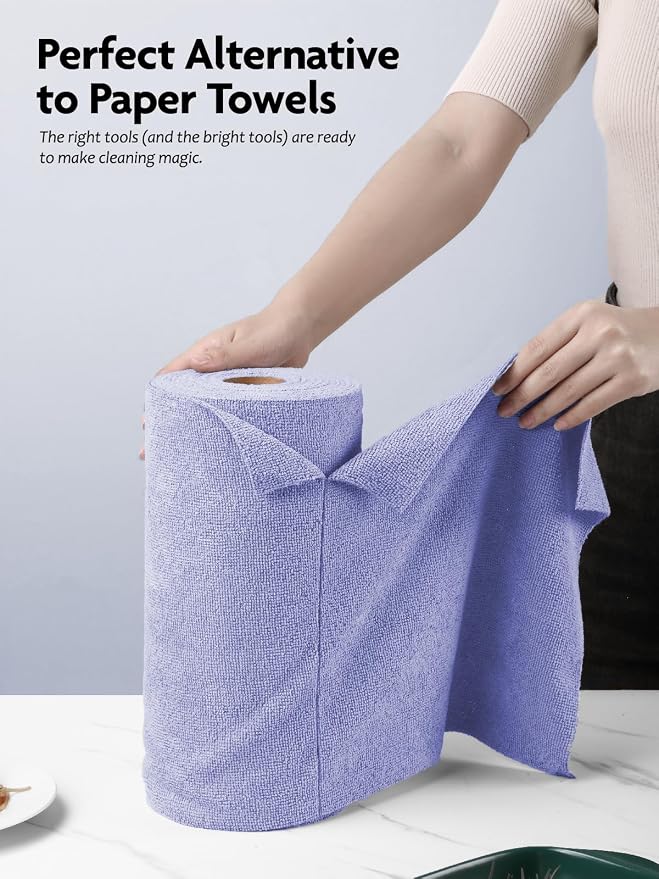 Fantasticlean Microfiber Cleaning Cloth Roll- 40 Sheets, 12"x12" (Lavender) | Super Absorbent, Lint-free, Tear-away Microfiber Towel Roll, for All-Purpose Cleaning, Reusable Alternative to Paper Towels