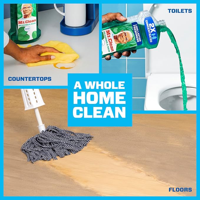 Mr. Clean All Purpose Cleaner, Floor Cleaner for Mopping Home, Bathroom, & Kitchen, Cleaning Liquid for Mop & Bucket, Cleaning Supplies, Multi-Surface Dilutable, Meadows & Rain, 41oz (Pack of 2)
