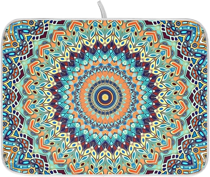 Bohemian Mandala Dish Drying Mat for Kitchen Counter Absorbent Microfiber Small Boho Ethnic Drying Pad Dish Mats for Kitchen Countertops 16 x 18 Inch
