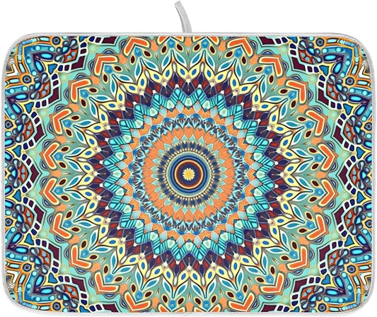 Bohemian Mandala Dish Drying Mat for Kitchen Counter Absorbent Microfiber Small Boho Ethnic Drying Pad Dish Mats for Kitchen Countertops 16 x 18 Inch